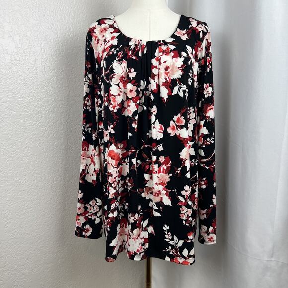 Liz Claiborne Top Womens 2X Black Red Floral Jersey Stretch Career Chic Mature - Picture 1 of 8